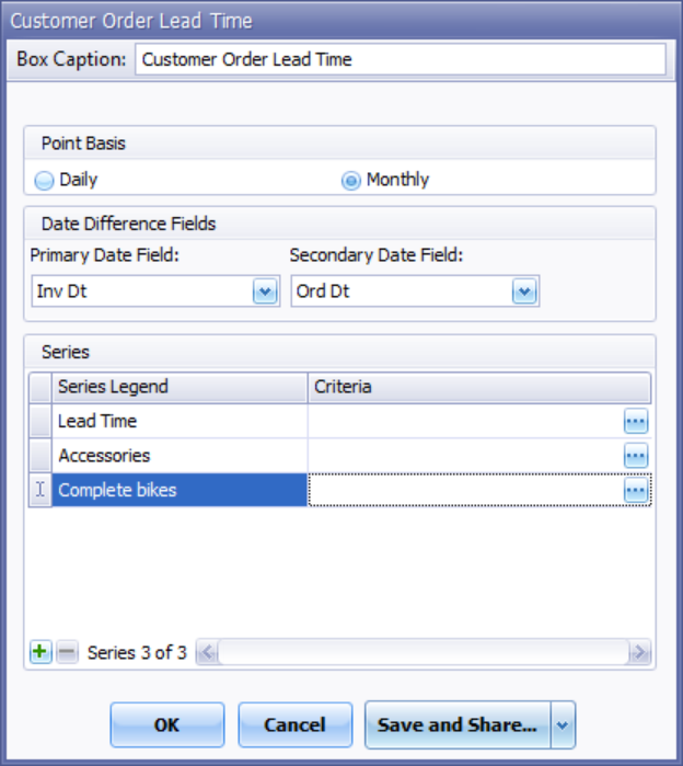 The report's settings screen: point basis, the two date fields, and a series list with a caption and its own criteria on each row
