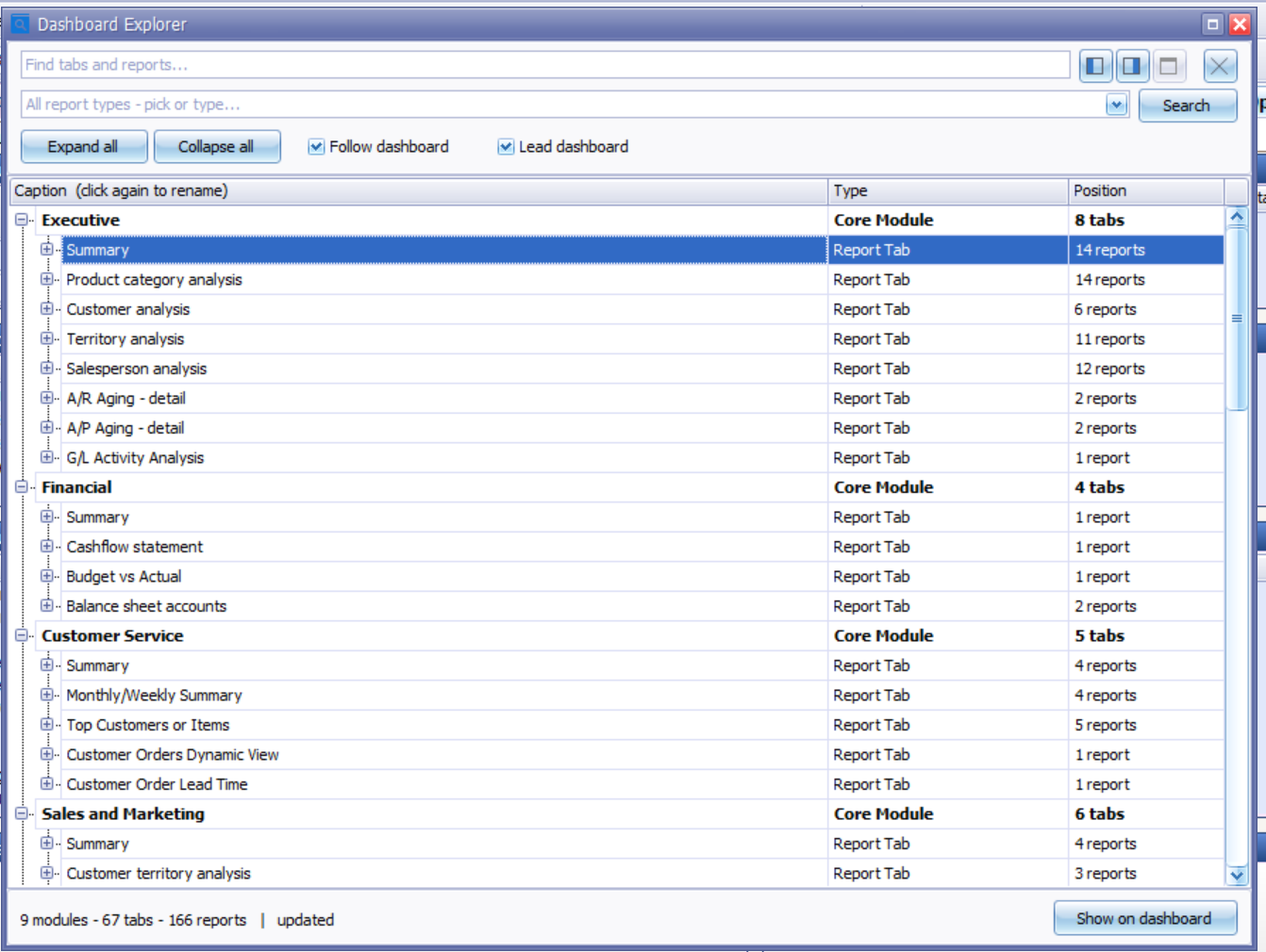 The Dashboard Explorer in its own window, showing the Caption, Type and Position columns for each module, tab and report
