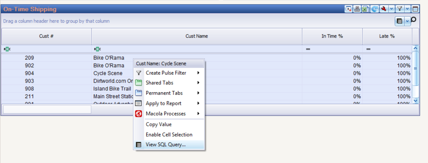 The right-click menu on a report grid, with View SQL Query at the foot of the list