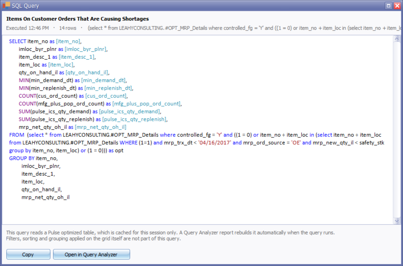 The SQL Query window naming the report, the time it ran and the row count, above the coloured SQL, with Copy and Open in Query Analyzer buttons