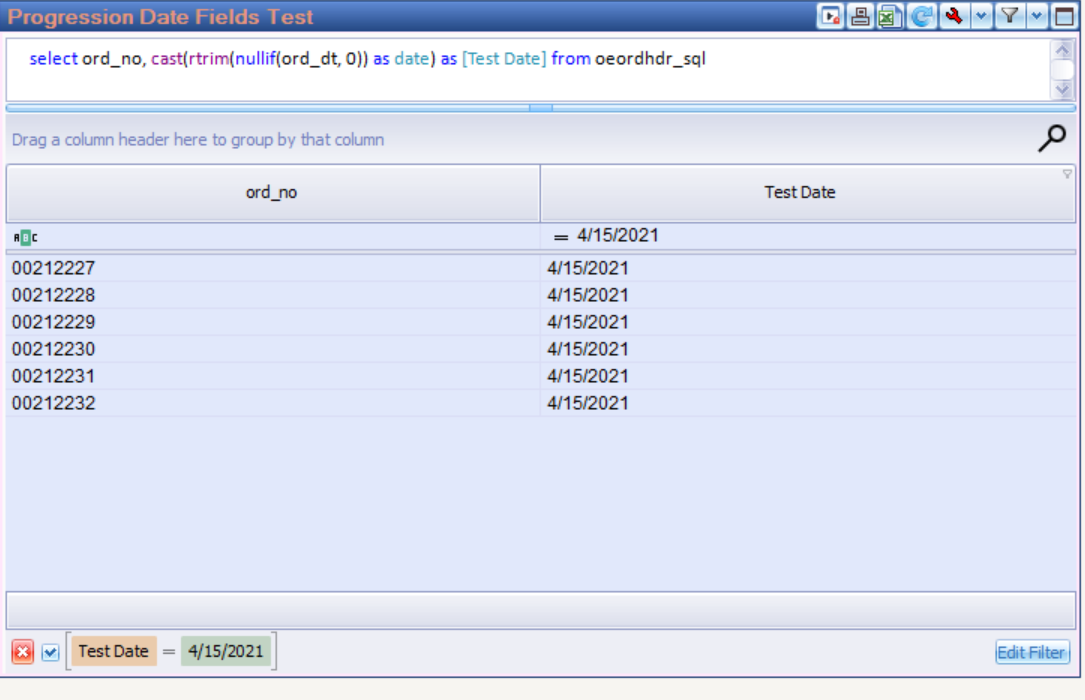 The report filtered to one day, with the filter panel along the bottom showing Test Date = 4/15/2021 with a checkbox, a remove button and an Edit Filter link