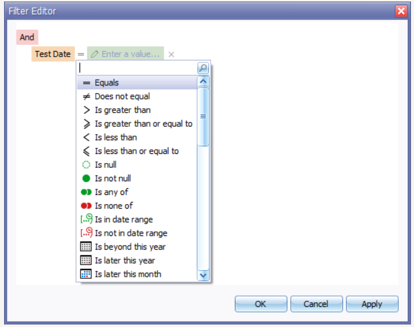 The operator list open in the Filter Editor, from Equals down through Is in date range and the first relative date operators