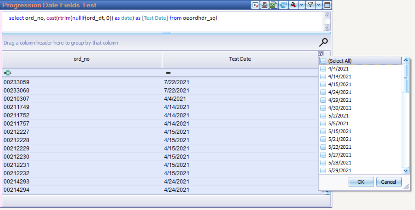 The header filter on a date column, listing each date in the data with a checkbox