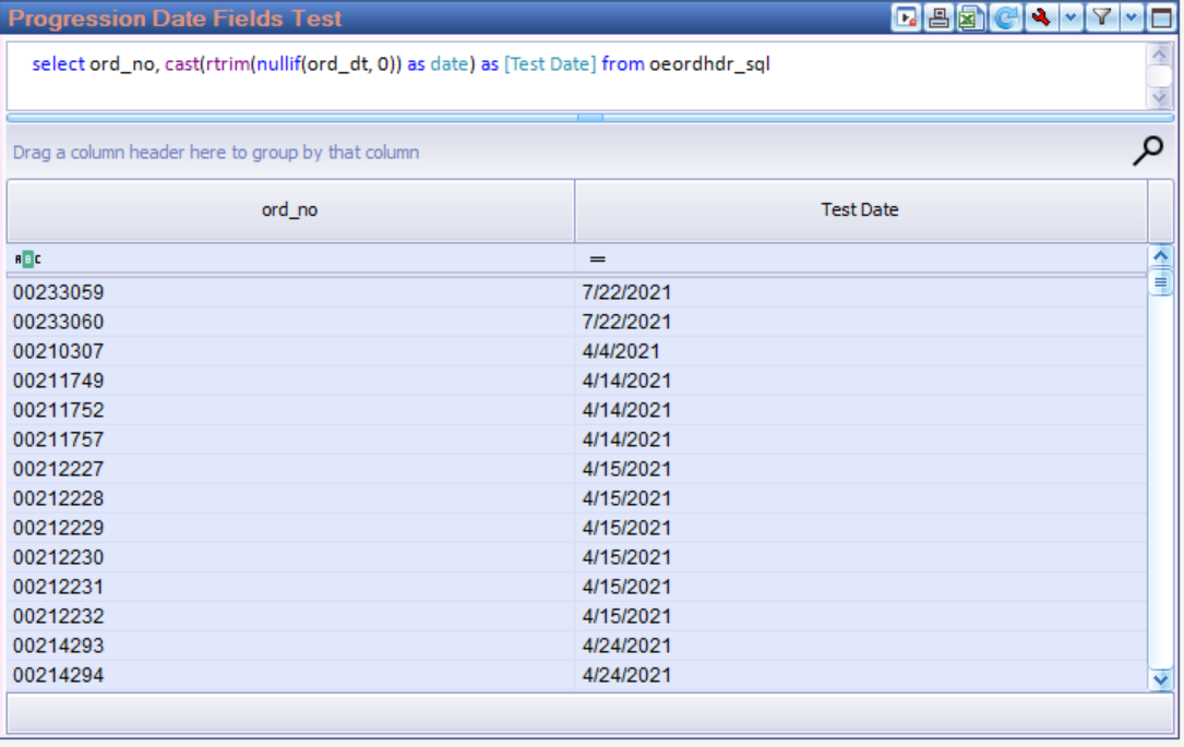 A Query Analyzer report whose query casts the numeric ord_dt column to a real date, with the Test Date column showing formatted dates